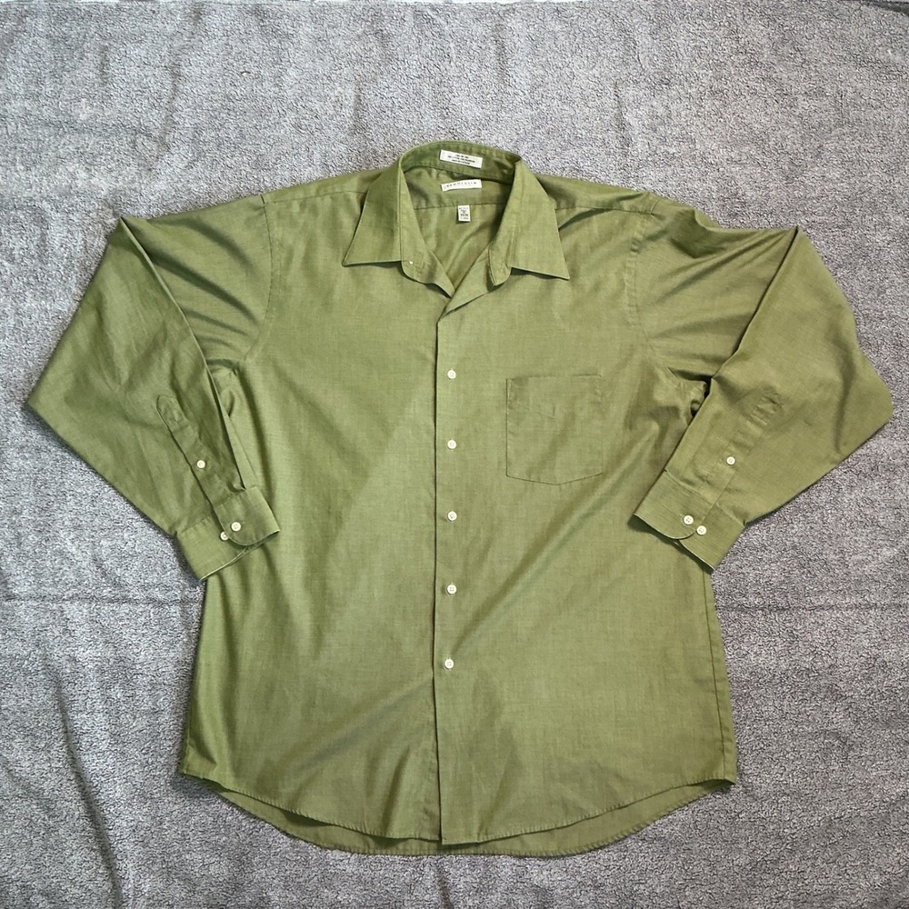 Van Heusen Mens XL Olive Green Wrinkle Free Button Down Shirt 17 34/35